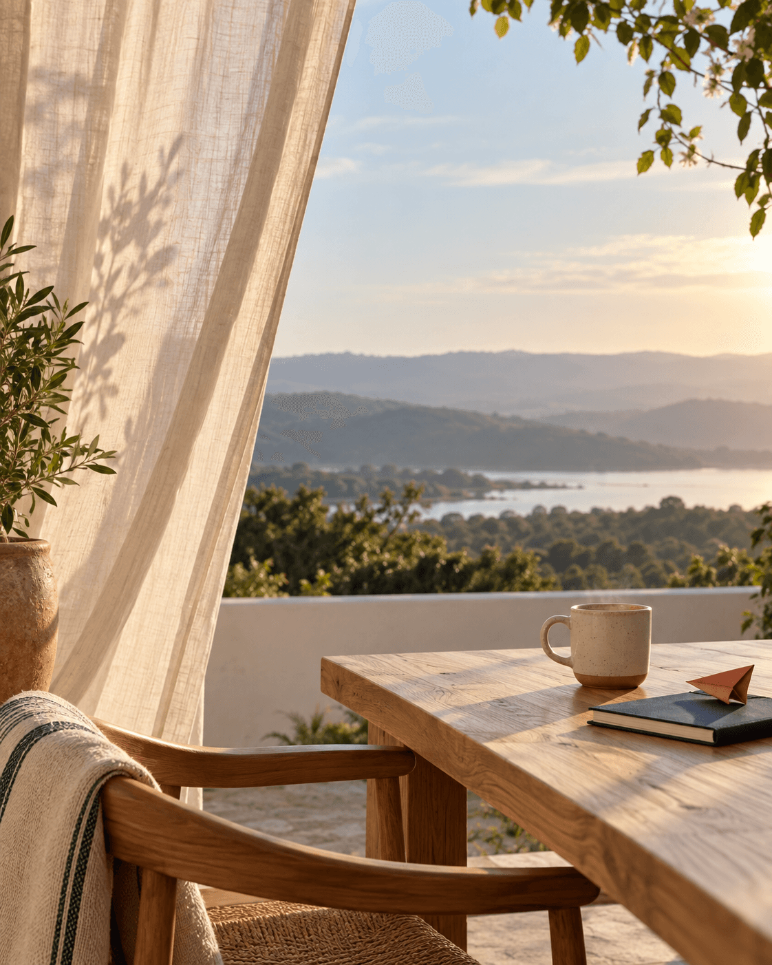Mesa de madeira, café e paisagem tranquila ao amanhecer